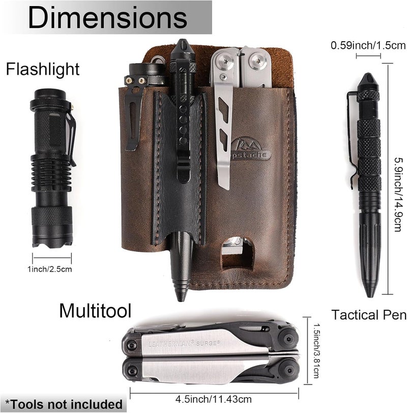 topstache Leather Multitool Sheath with Belt Clip - Multitool Holster for Belt - EDC Belt Organizer Fits, Flashlight, Pen - Leather Pouch - Holder, Dark Brown - Image 4